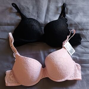 Lace Push-Up Bra Set - Black & Pink